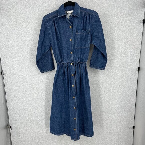 Ransom Vtg 70s Midi Denim Dress Size 6 Dark Blue Wash Snap Front Pockets Modest - Picture 1 of 14